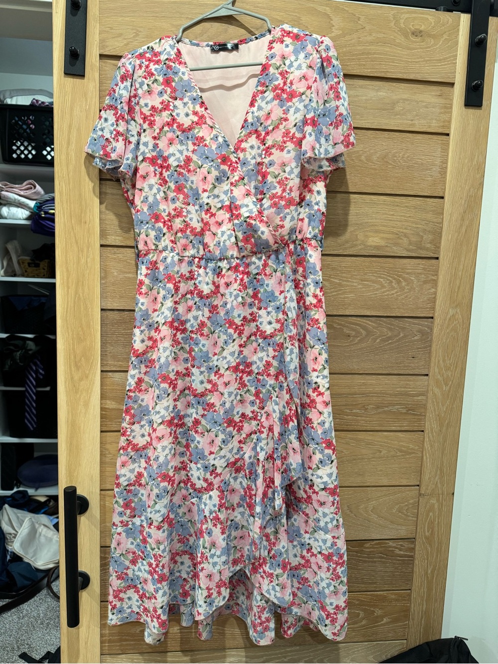 Floral Wrap-Style Midi Dress in Pink and Blue